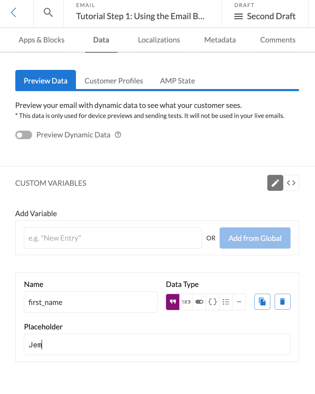 Example of adding preview data in the data builder