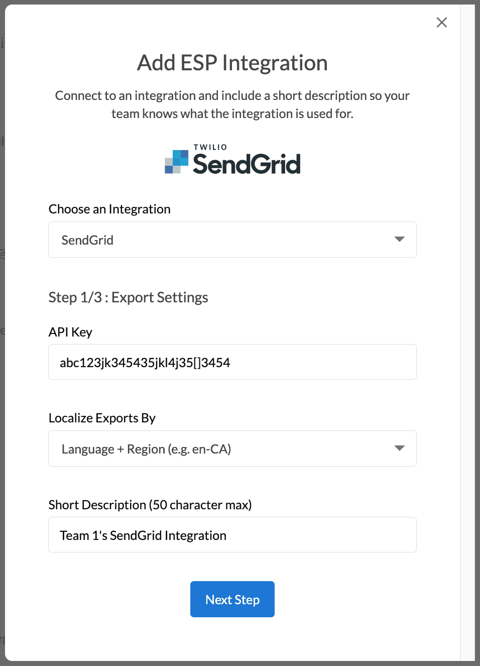 Setup modal 1/3 for SendGrid ESP integration, showing api key, locale code formatting dropdown, and description inputs