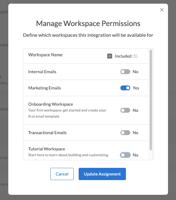 Manage Workspace Permissions for ESP integrations modal