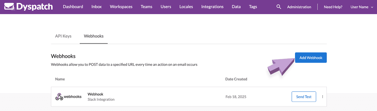 Webhooks Admin page with arrow pointing to the Add Webhook button