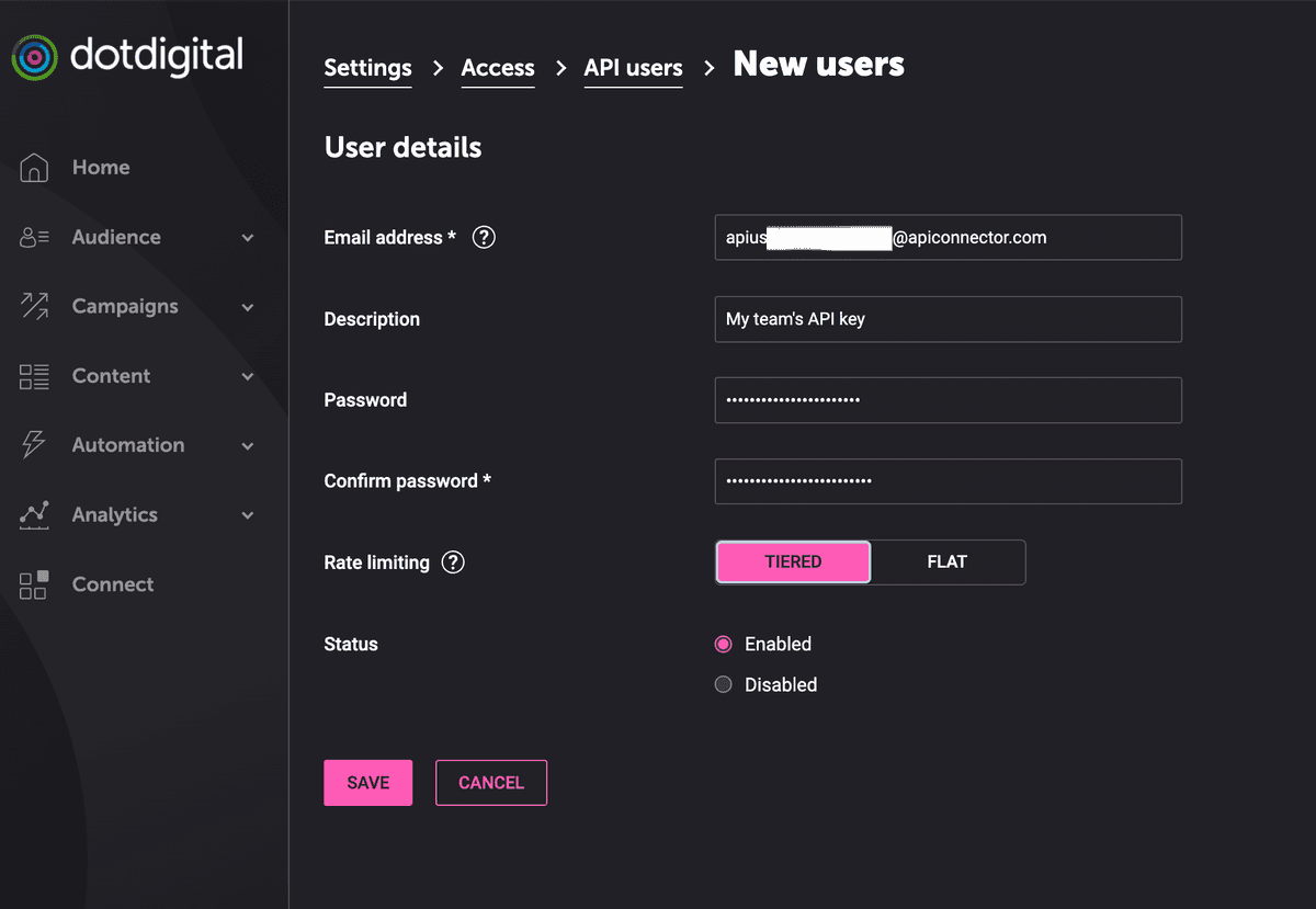 Dotdigital api user form