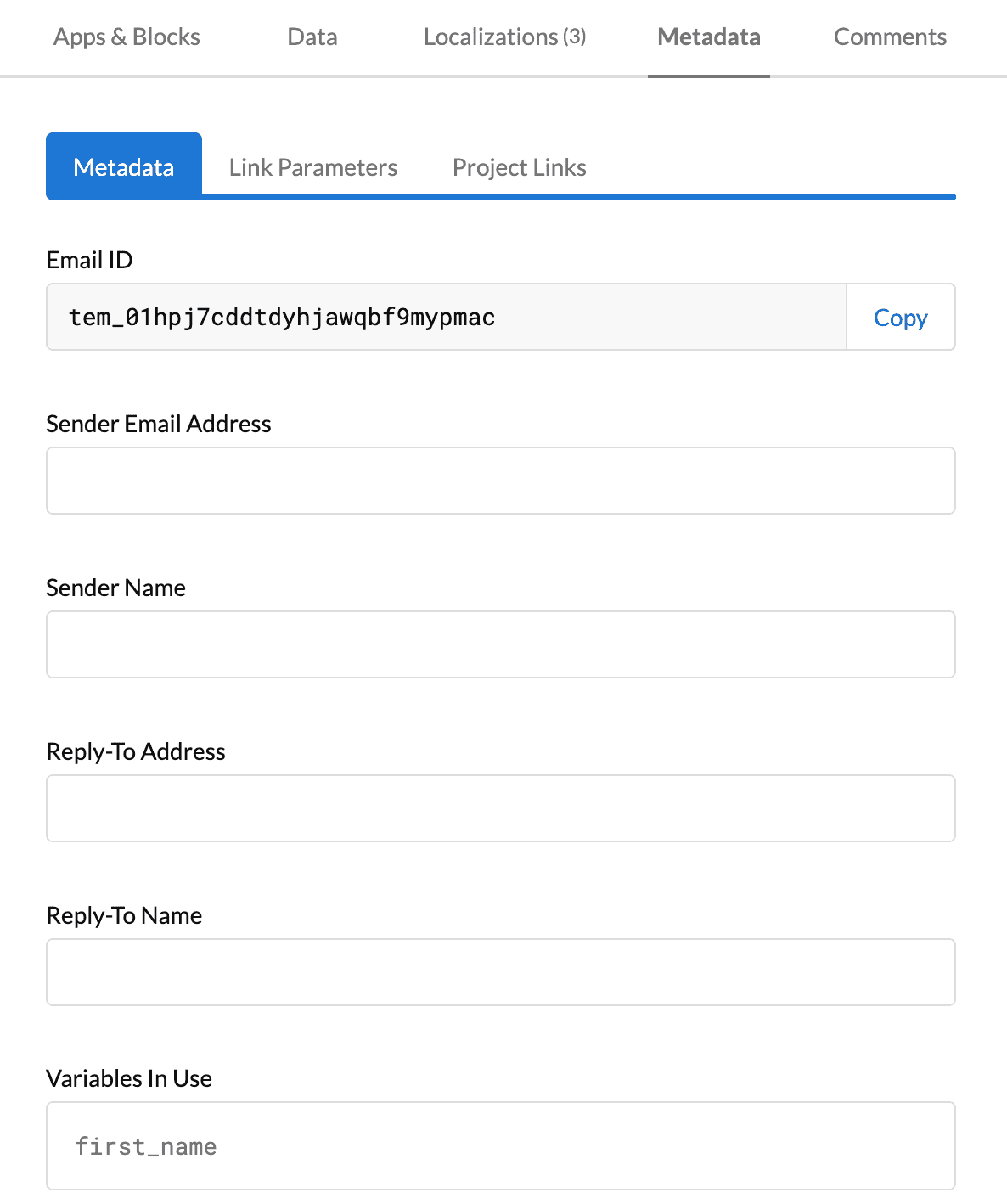 Email builder metadata tab