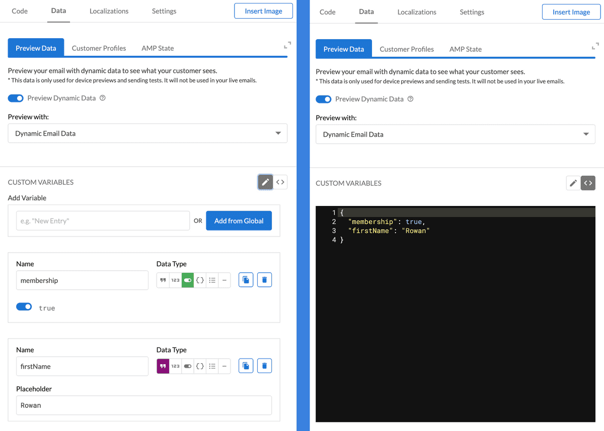 Data in the sample data tab in the block editor {'firstname':'Rowan','membership': true}