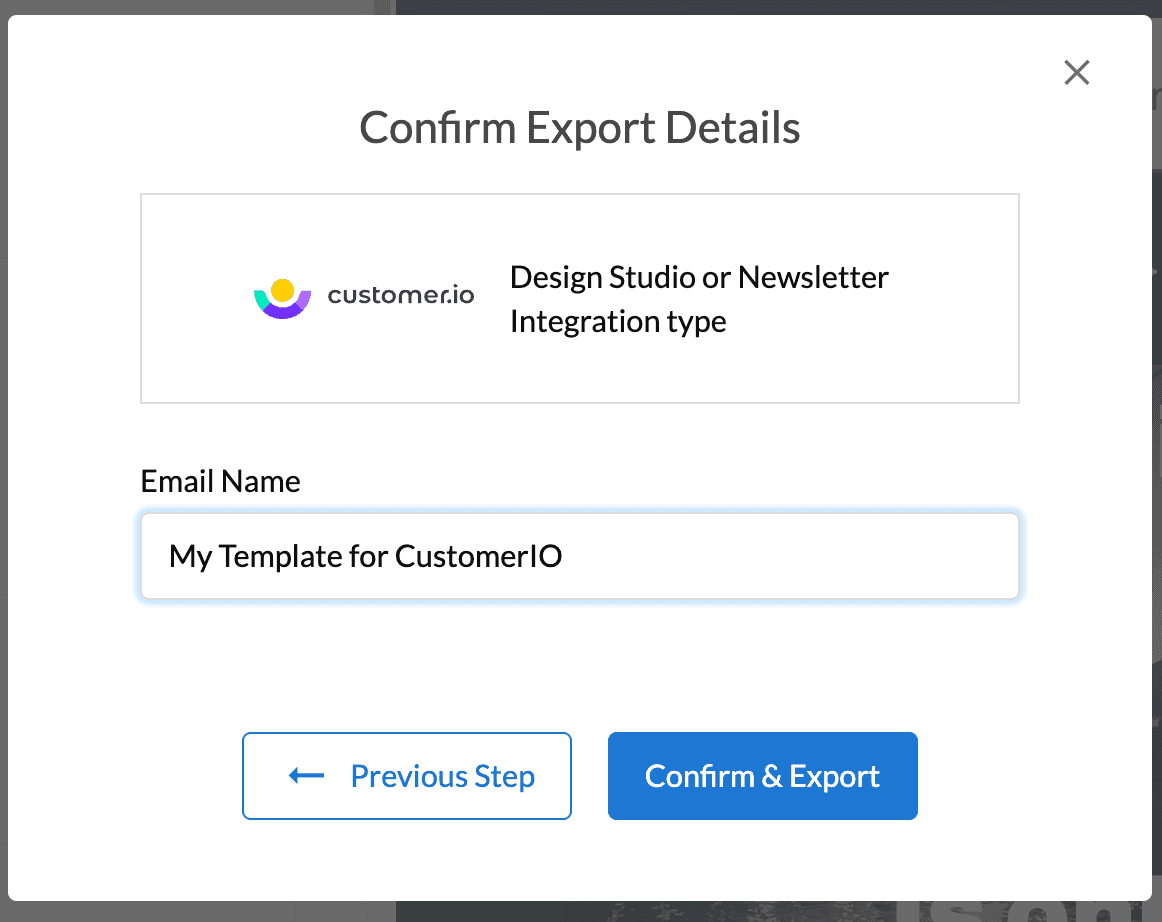 Rename and confirm export modal for Customer.io