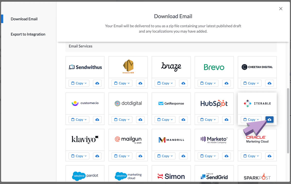 Download Email modal with arrow pointing to download icon under the Iterable logo