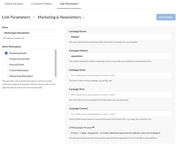 Using Link Parameters to insert UTM codes | Dyspatch Support