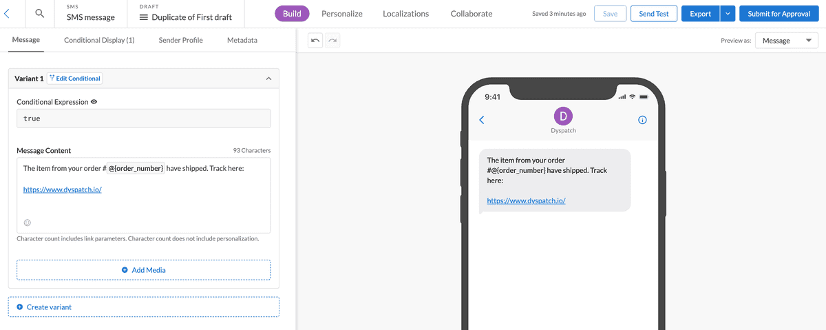 Text being built in the SMS builder