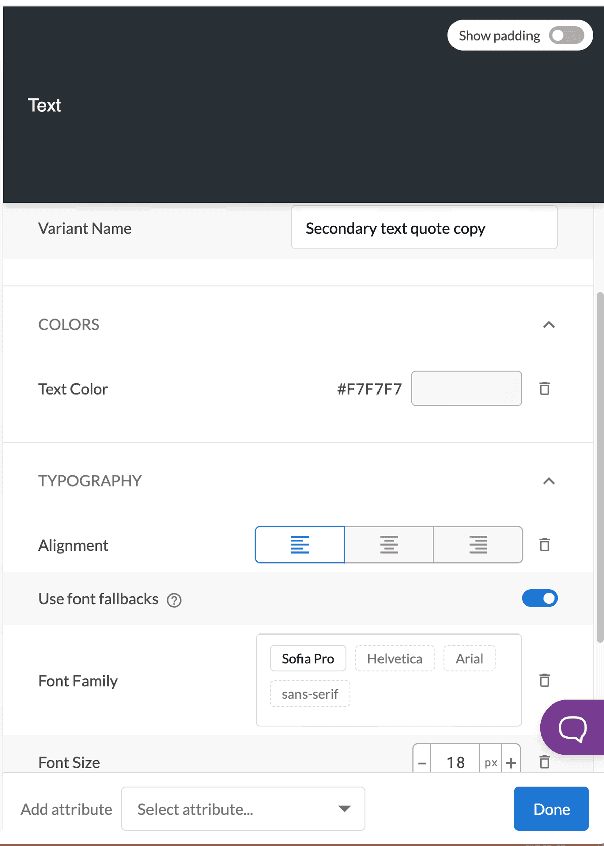 Adjustable attributes pane of default Text element being imported