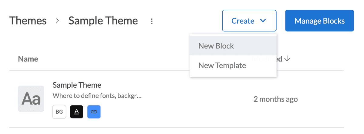 Creating a new block from the Themes page