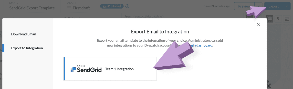 SendGrid card to select from the export to integration modal