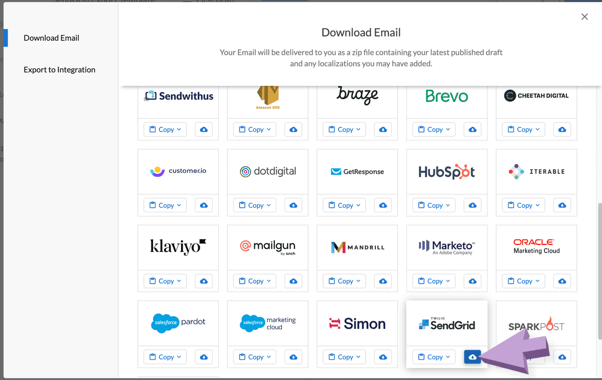 Download Email modal with arrow pointing to download icon under the SendGrid logo