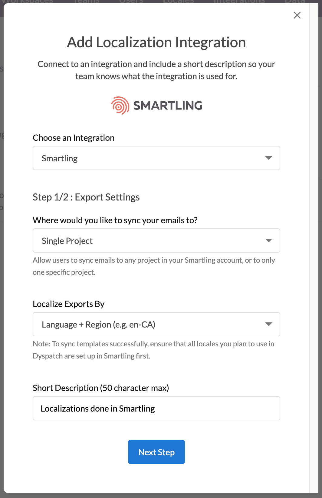 First of 2 settings configuration modals for the Smartling integration