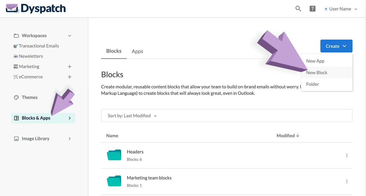 Make a new block in the Block tab in Dyspatch