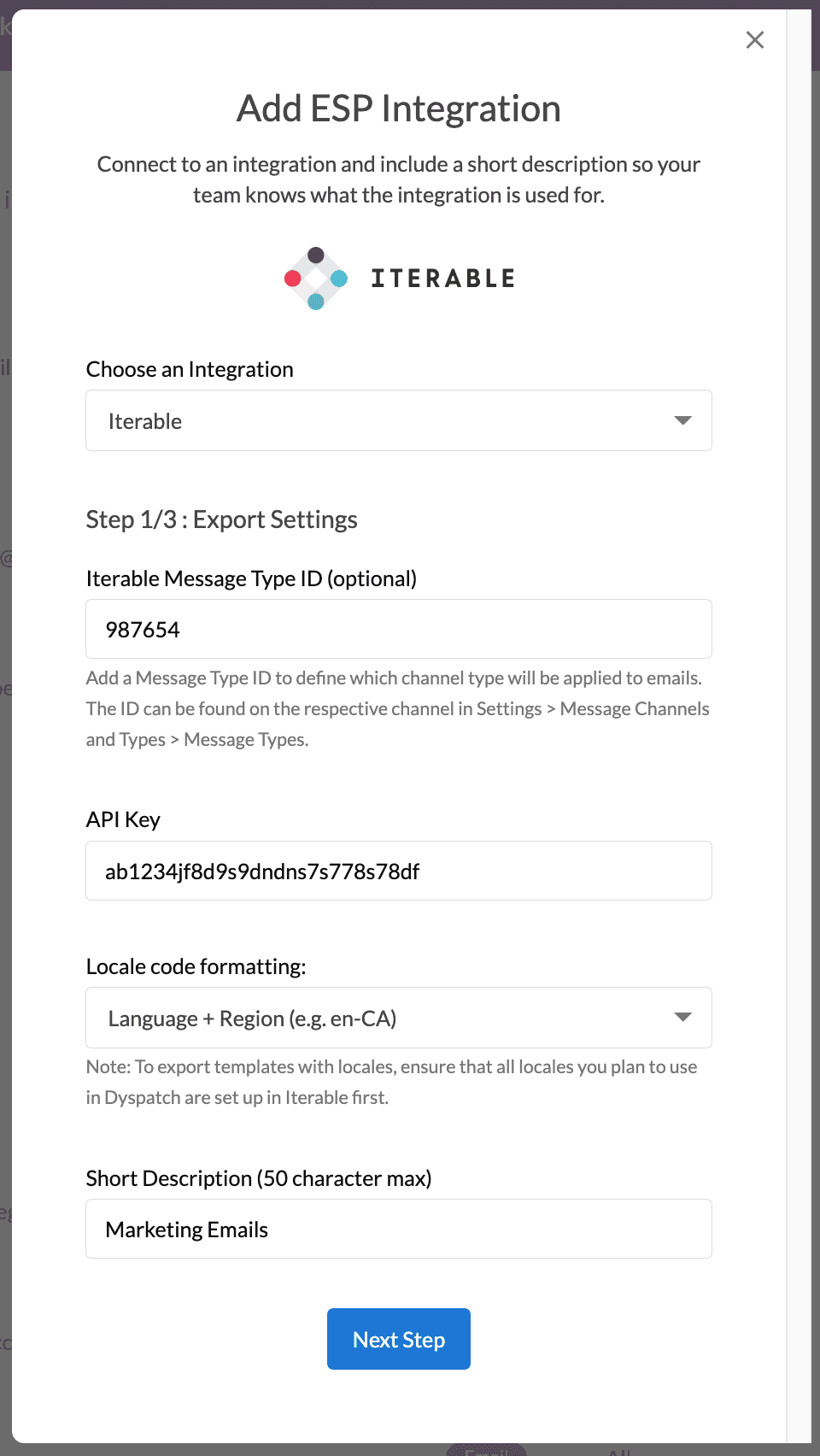 Setup modal 1/3 for Iterable ESP integration, showing message type id, api key, locale code formatting dropdown, and description inputs