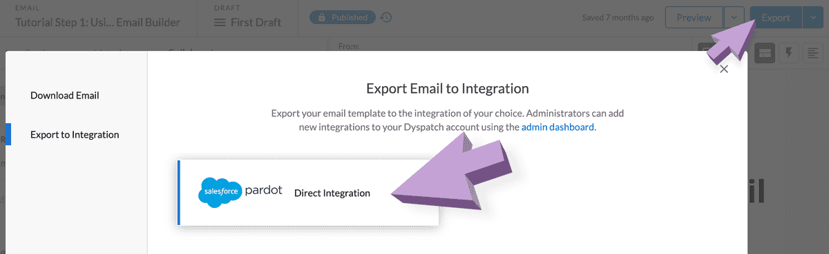 Email export modal with arrows pointing to export button and Pardot integration item