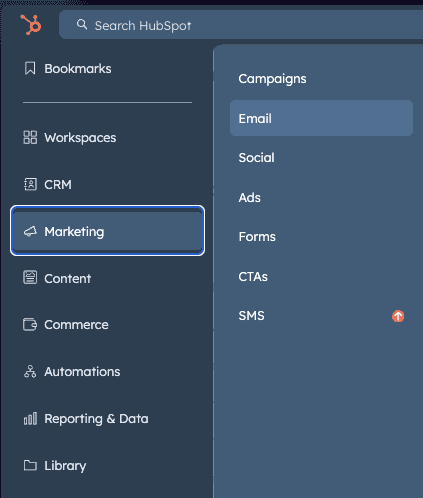 Left menu items in HubSpot with Marketing then Email highlighted