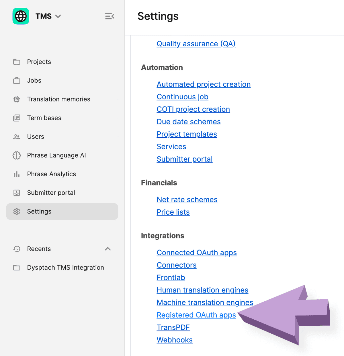 The Registered OAuth apps menu item