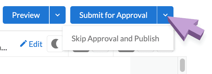 Arrow pointing to dropdown option next to Submit for Approval button in the Email Builder