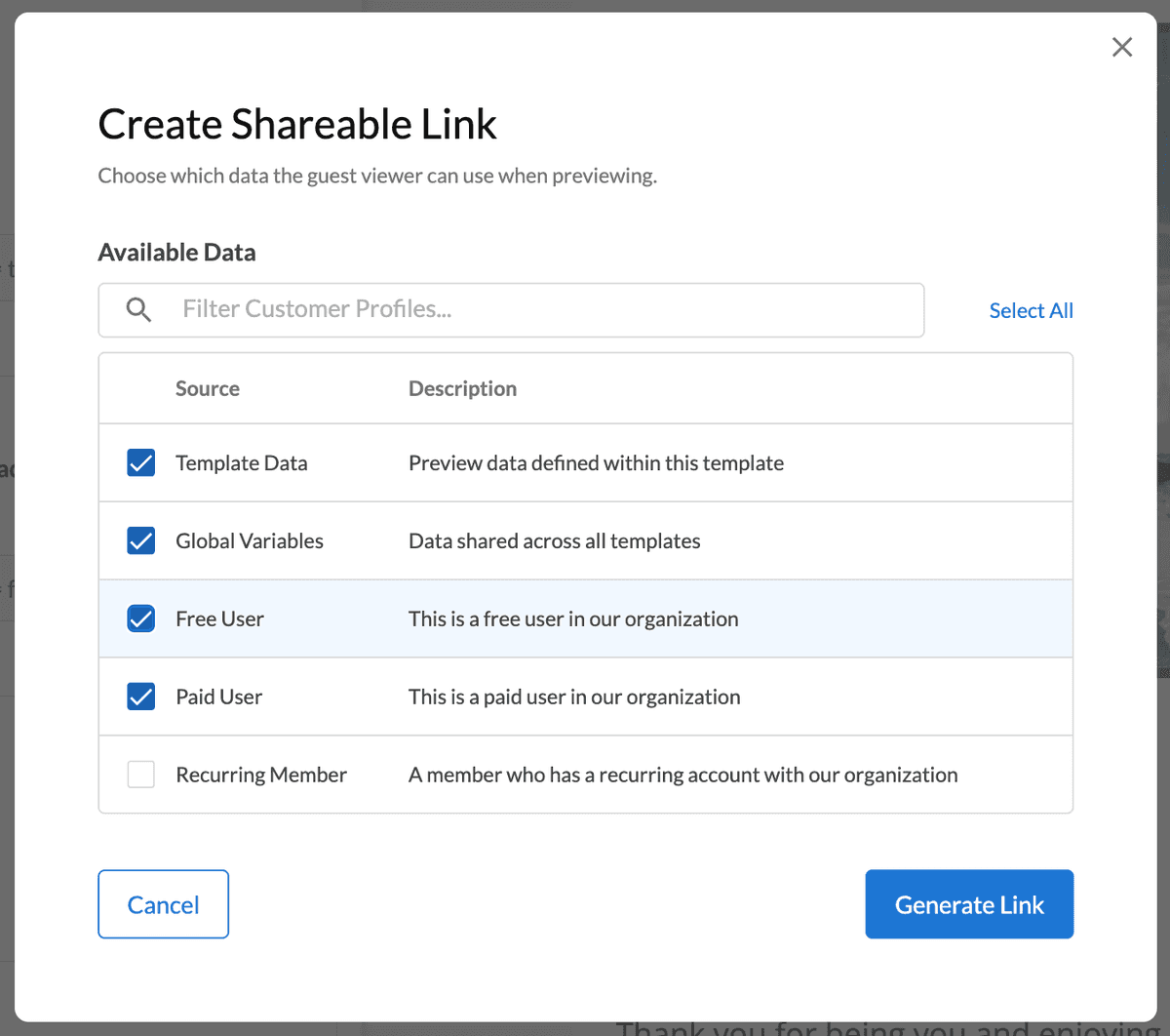 Shareable Link modal
example