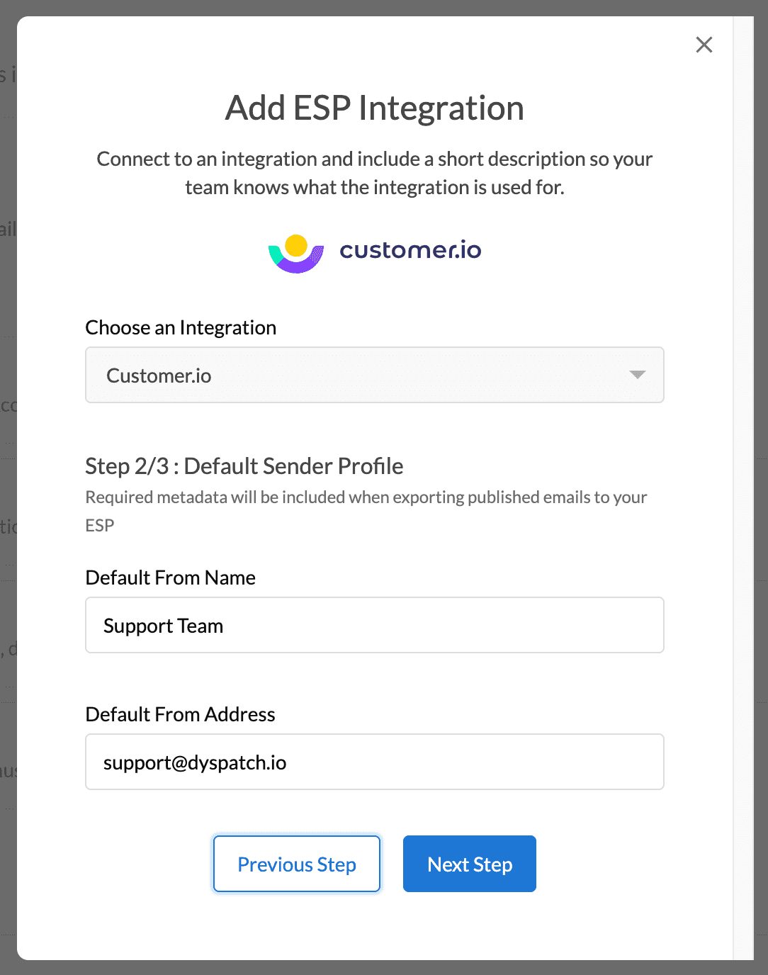Dyspatch Add ESP Integration modal page 2 with default from name and default from address inputs