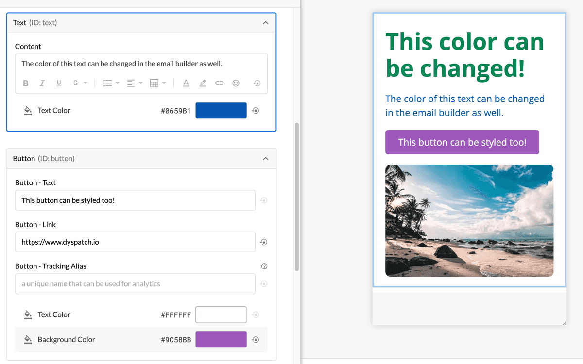 Viewing editable styles in the email builder