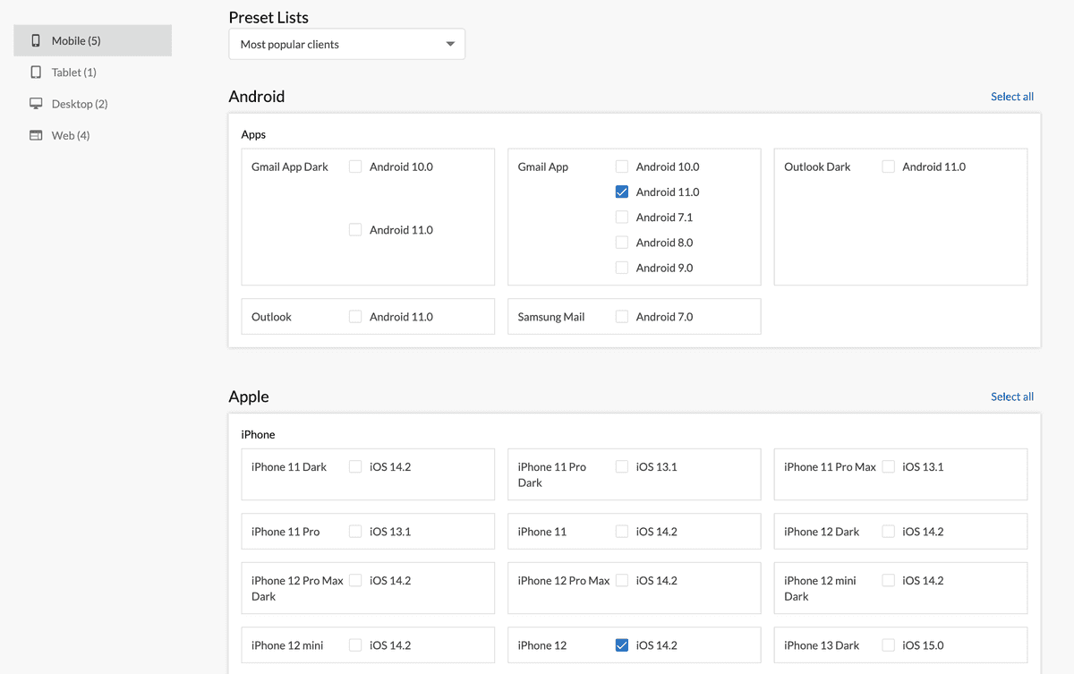 A list of devices a user can test an email with