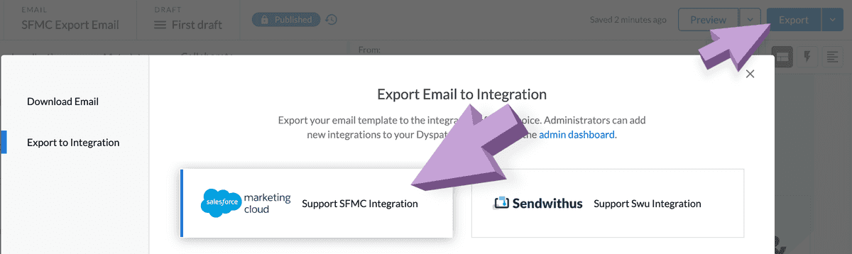 SFMC card to select from the export to integration modal