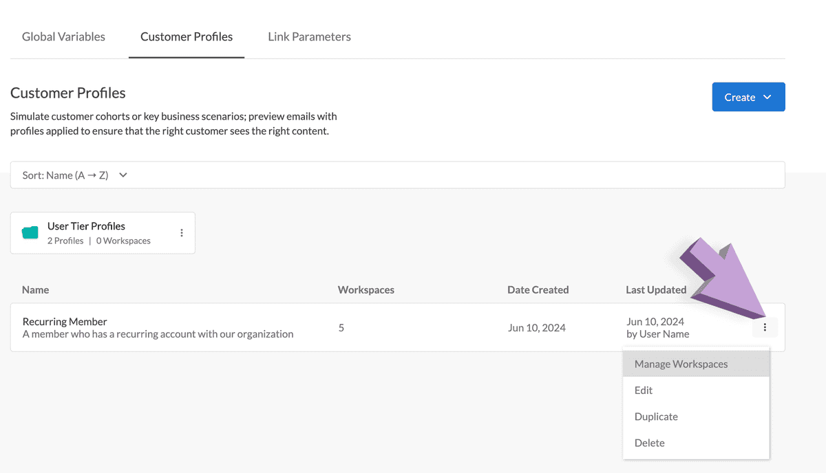 Customer profile dropdown menu from the 3 dot menu on the Admin Data dashboard