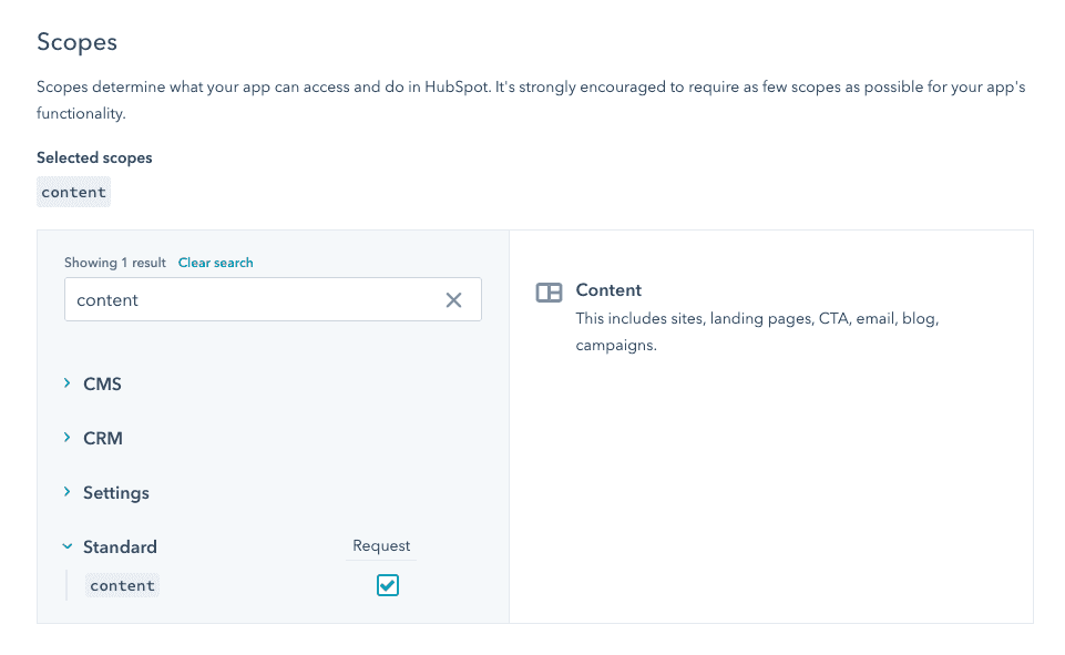 HubSpot scope settings screen. Fill in the values