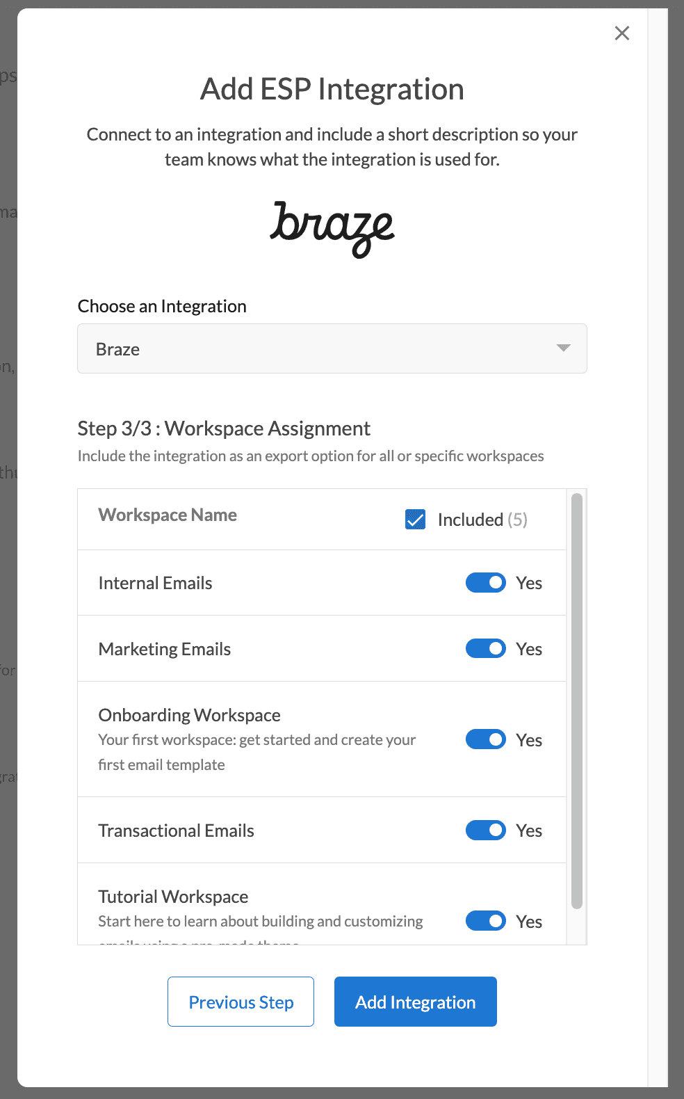 Workspace selector for Braze integration