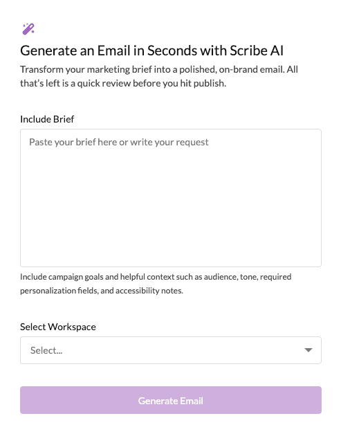 Adding your brief to the Brief to Email modal and selecting a workspace and theme
