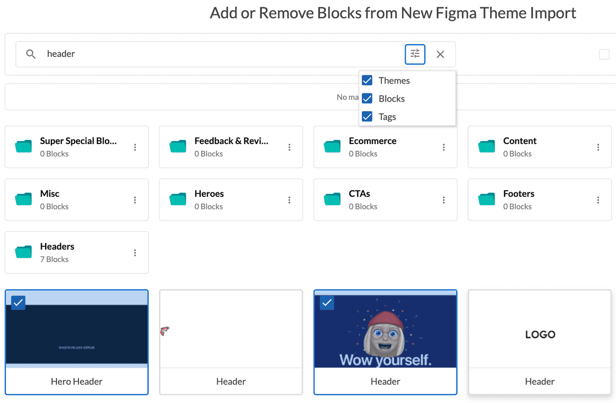 Two Header blocks selected from a filtered list of available blocks