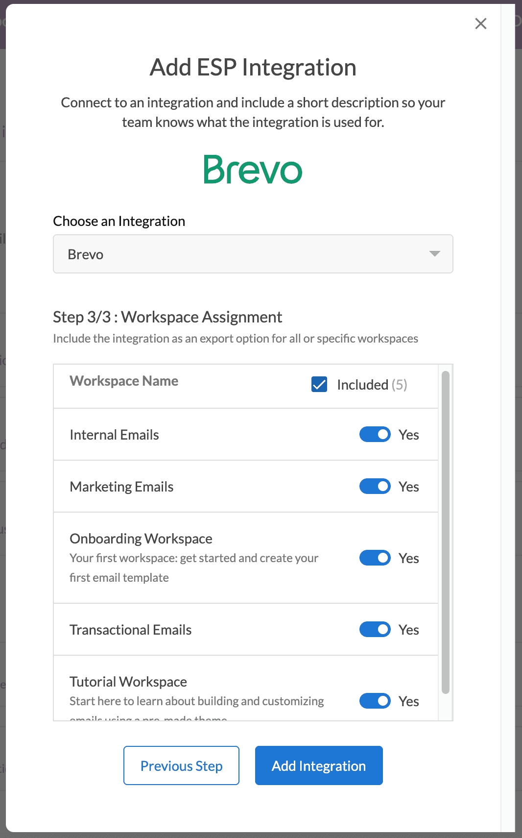 Dyspatch add Brevo integration modal 2 of 3 with sender workspace selections