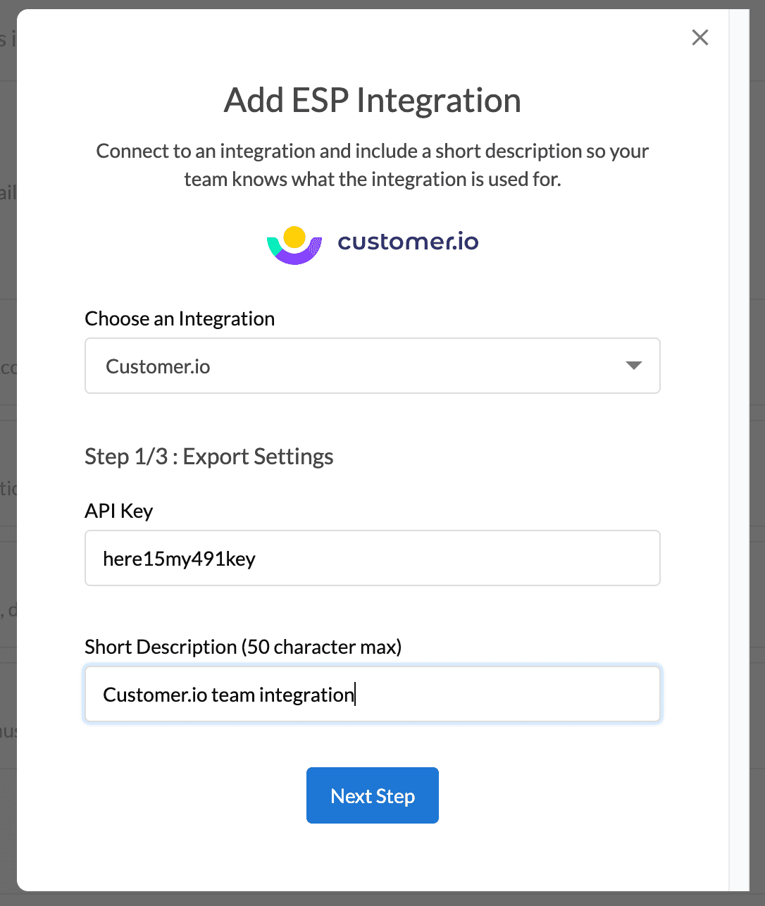 Dyspatch Add ESP Integration modal page with API key and Description inputs