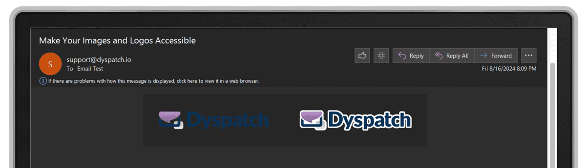 Two Dyspatch logos in a dark mode email in outlook office 365, one with no border and one with a border, showing accessibility improvement of having a border