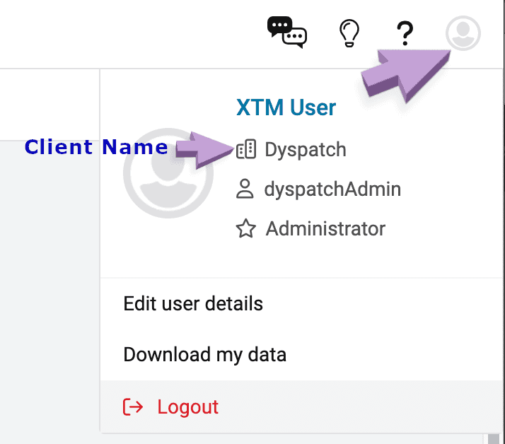 arrow pointing to the Client Name in XTM