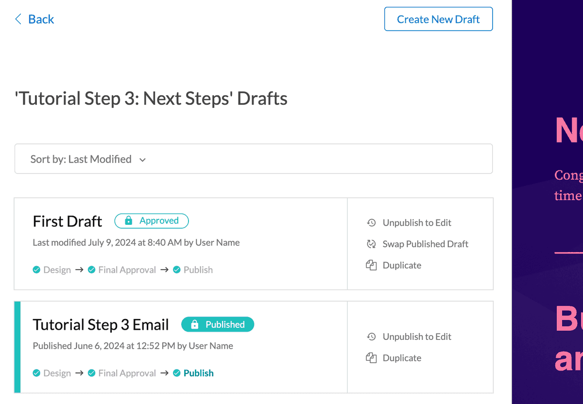 Swap Published Draft option in the email draft list