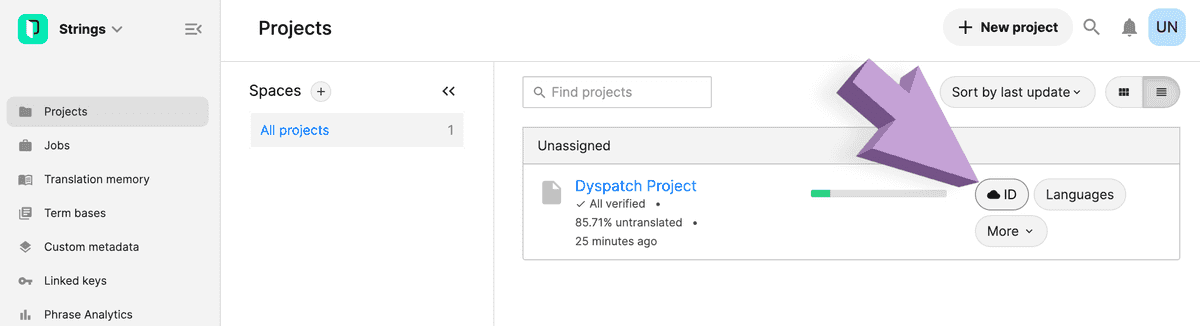 phrase projects page with arrow pointing to project ID button