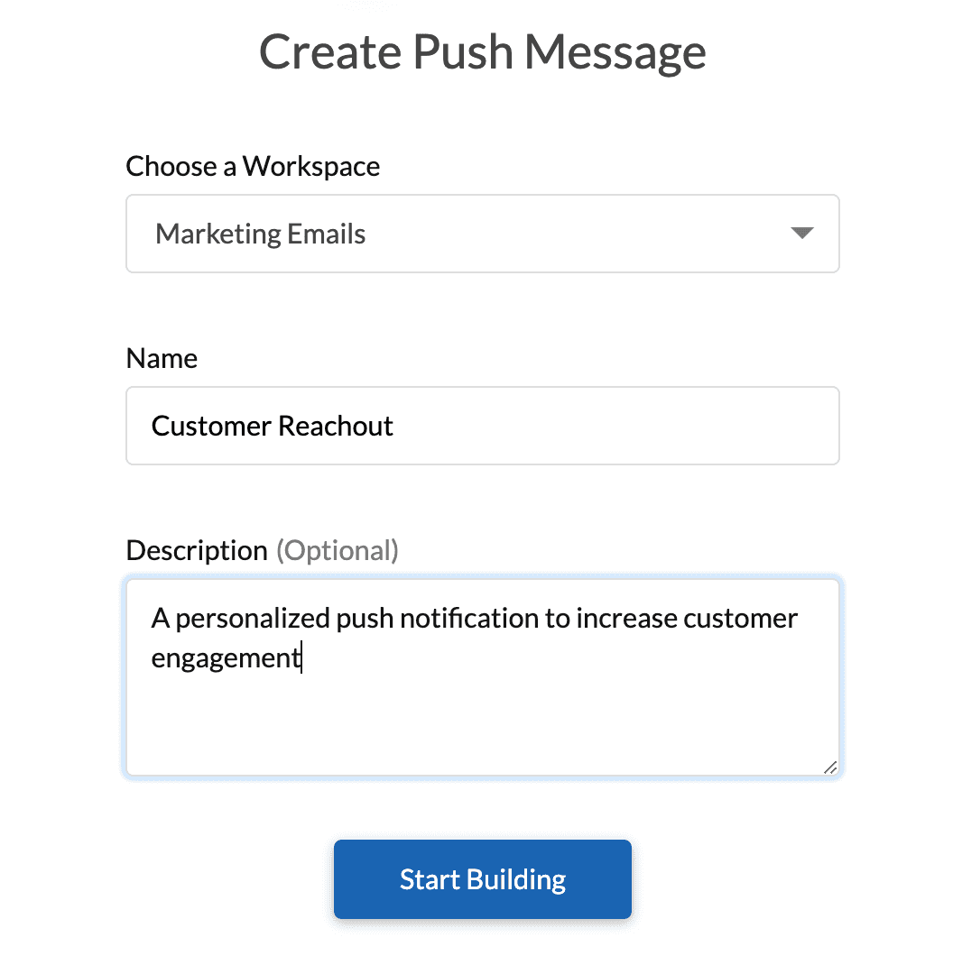 Create a push notification page with workspace, name, and description options