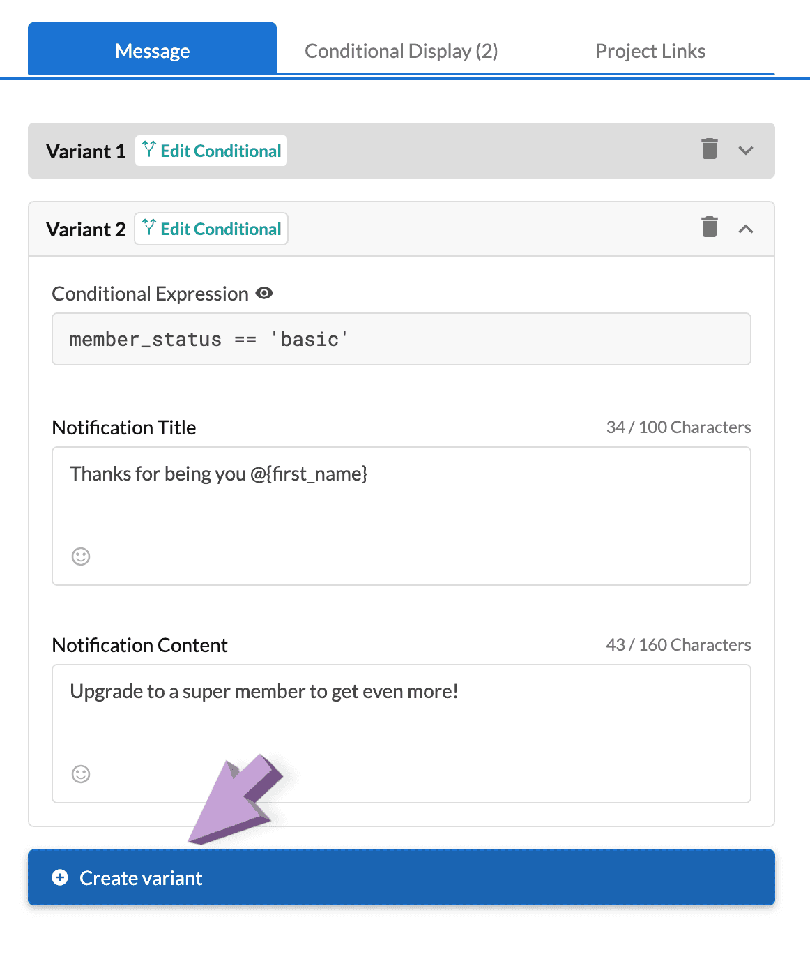 Arrow  pointing to the create variant button in the push notification builder