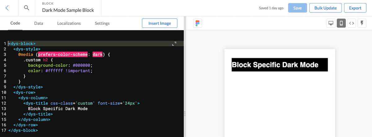 Block builder view of a dys-title element targeted for dark mode with a custom class