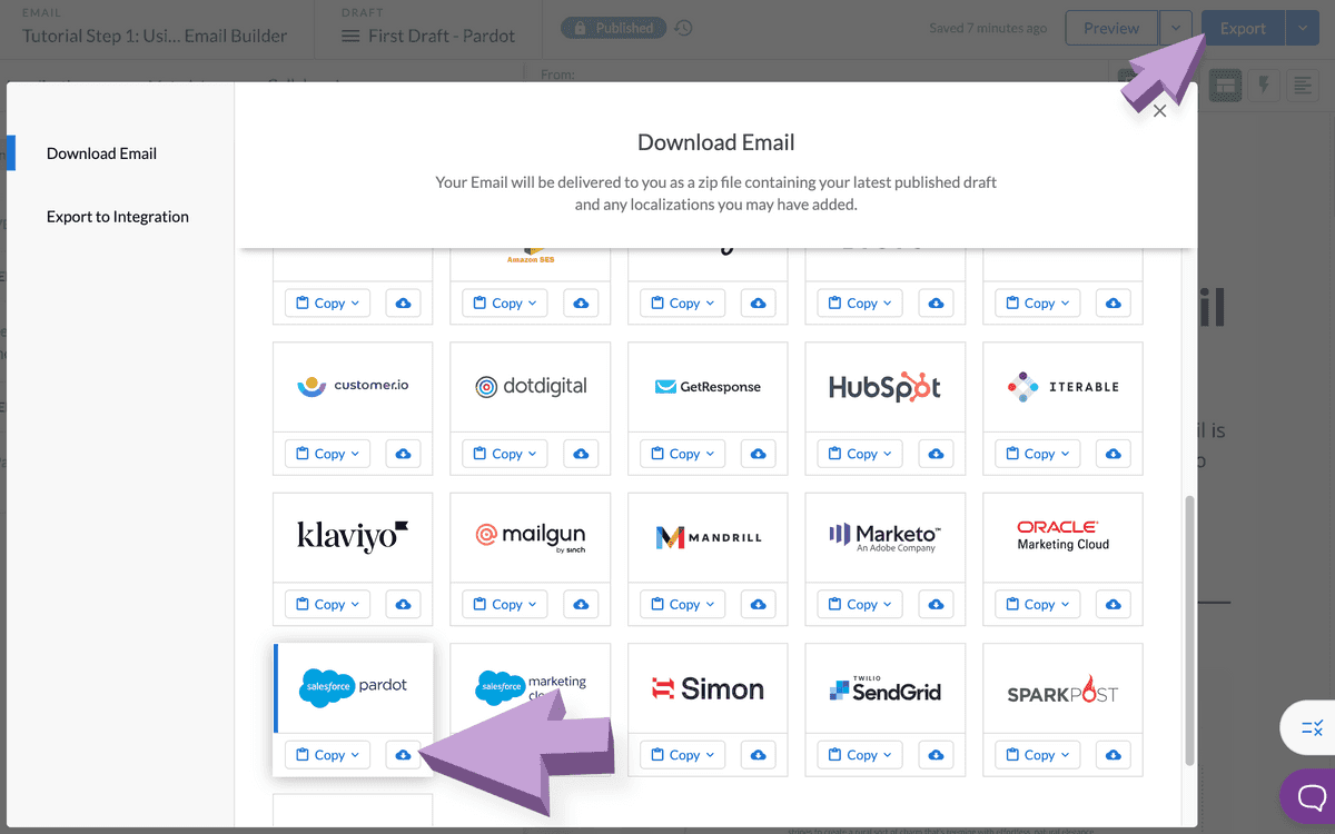 Selecting the download button and exporting for Salesforce Pardot