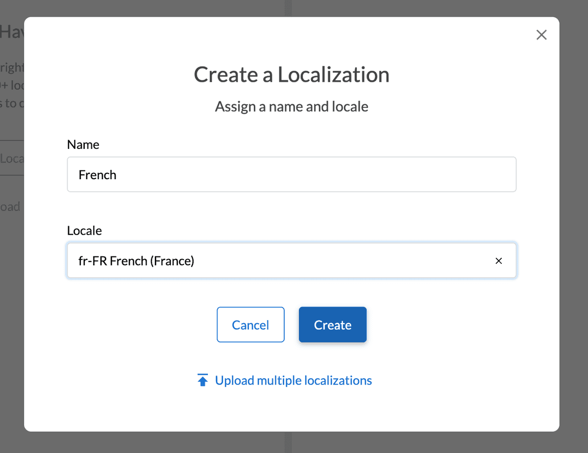 Modal for creating a localization in Dyspatch