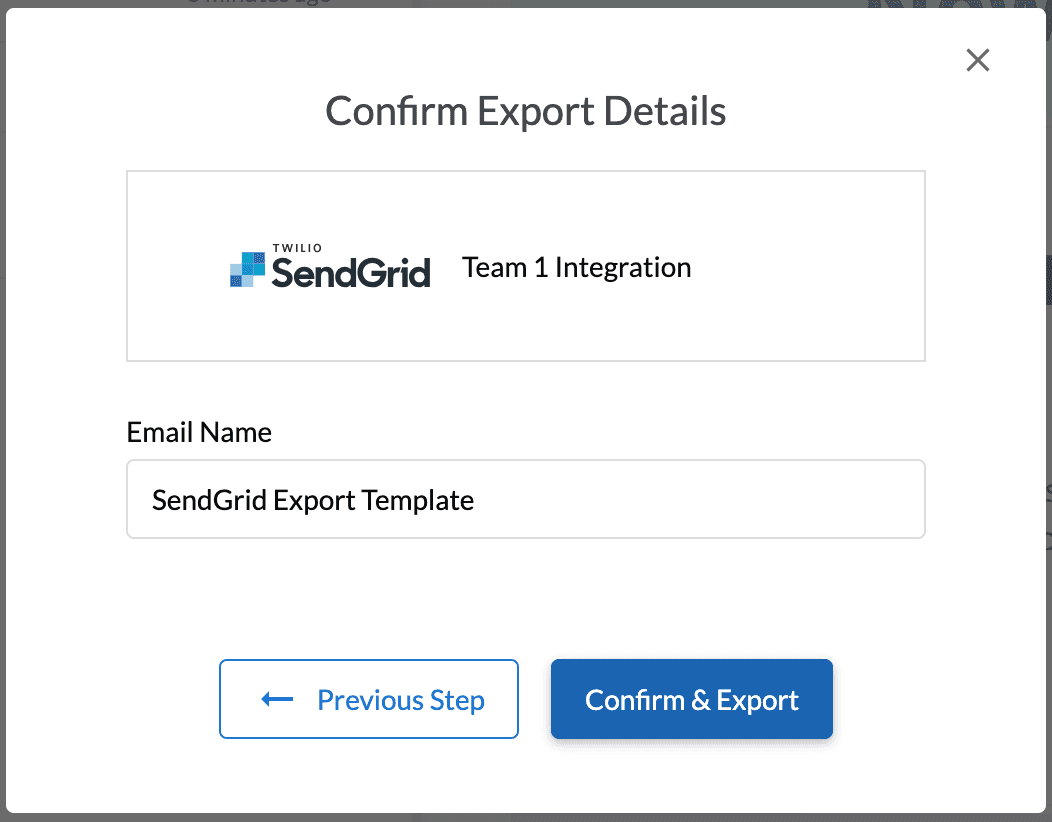 Confirm export details modal with email name field