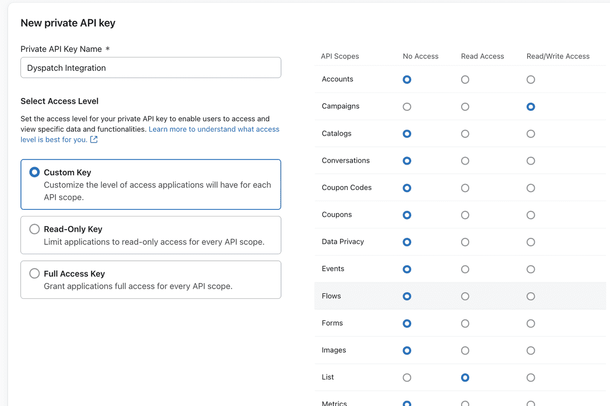 Klaviyo API Key settings