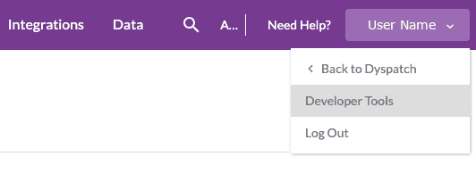 Developer Tools option highlighted in dropdown menu from top right user menu in Dyspatch
