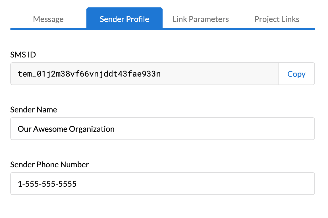 Example SMS sender profile information filled out