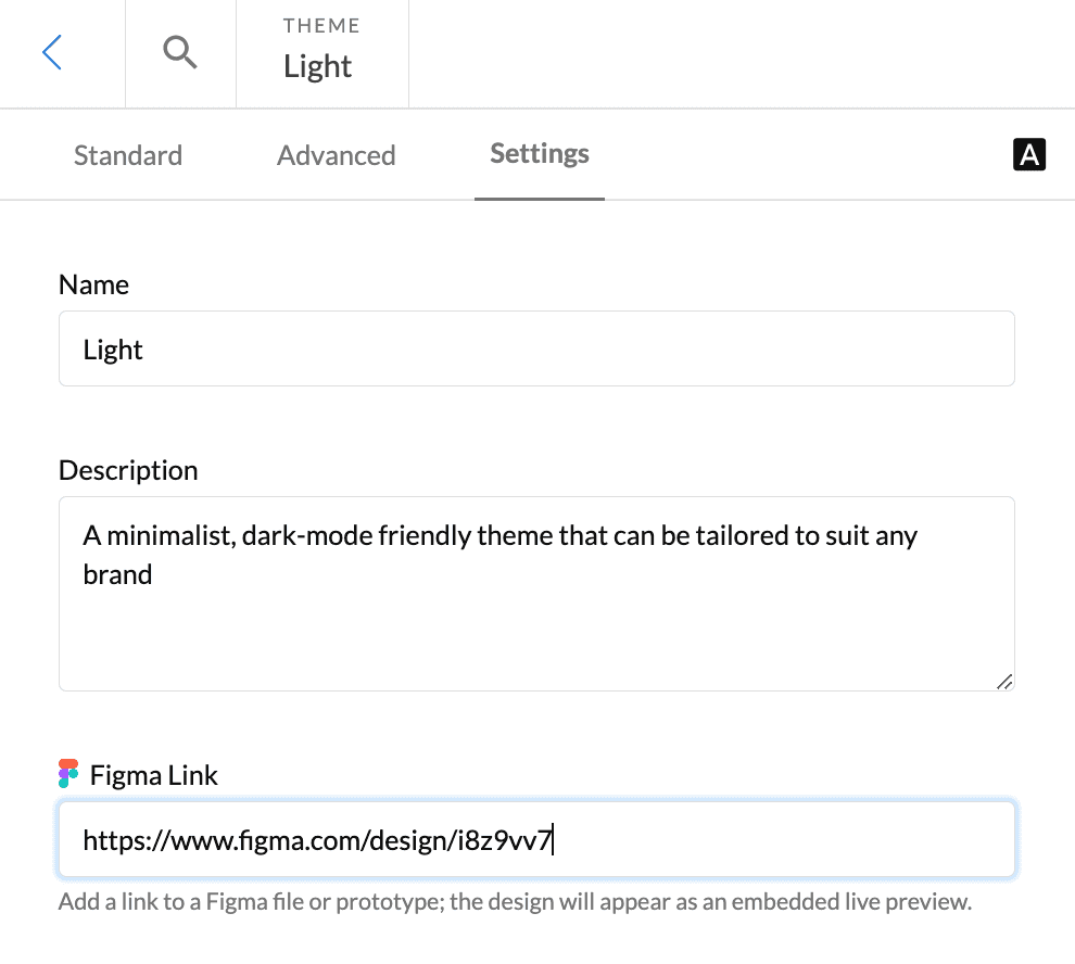 Settings tab from the theme editor with the figma url field