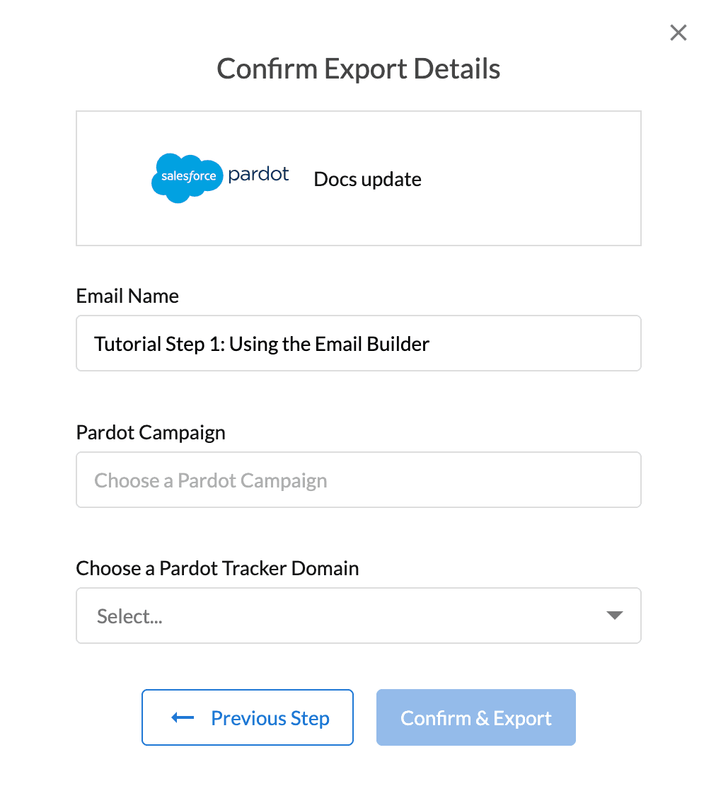 Export email details page 2 of 2 with Pardot Campaign and Pardot Tracker Domain fields