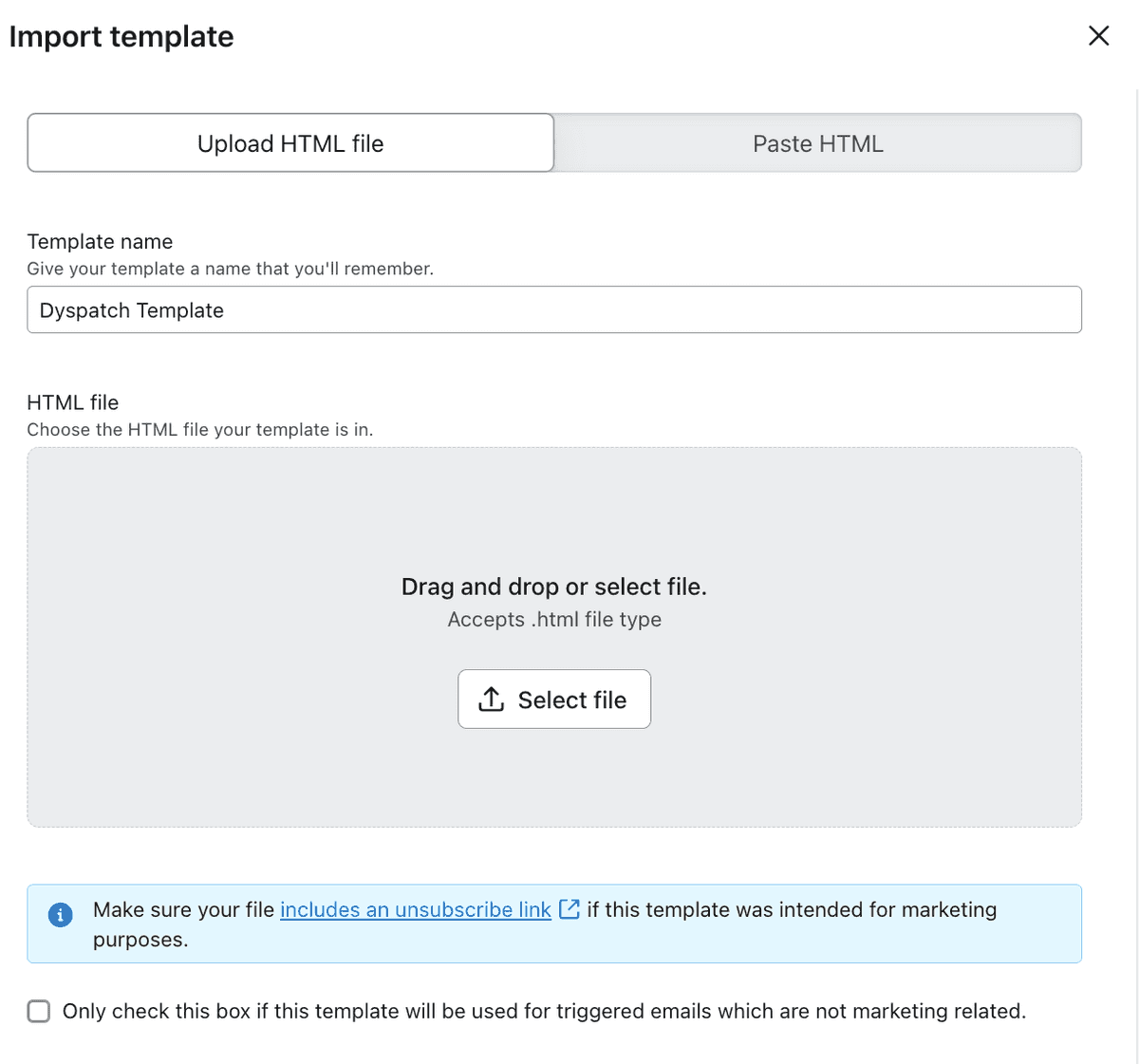 Klaviyo import template modal with name field and areas to drag and drop in HTML and accompanying files